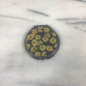Vintage Black Yellow Floral Compact Mirror Purse Pocket Collectible